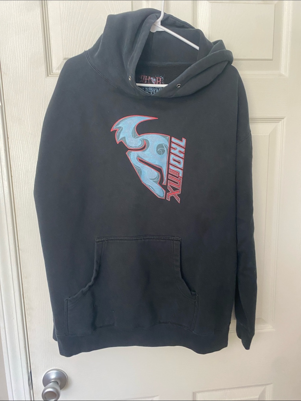 Vintage thor Black Hoodie with Blue and Red Chest Graphic